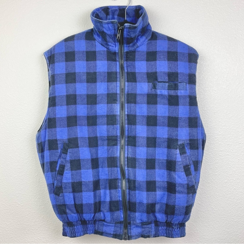 VTG Ozark Trail Blue Buffalo Check Plaid Puffer Vest Blanket Unisex Large Zip Up